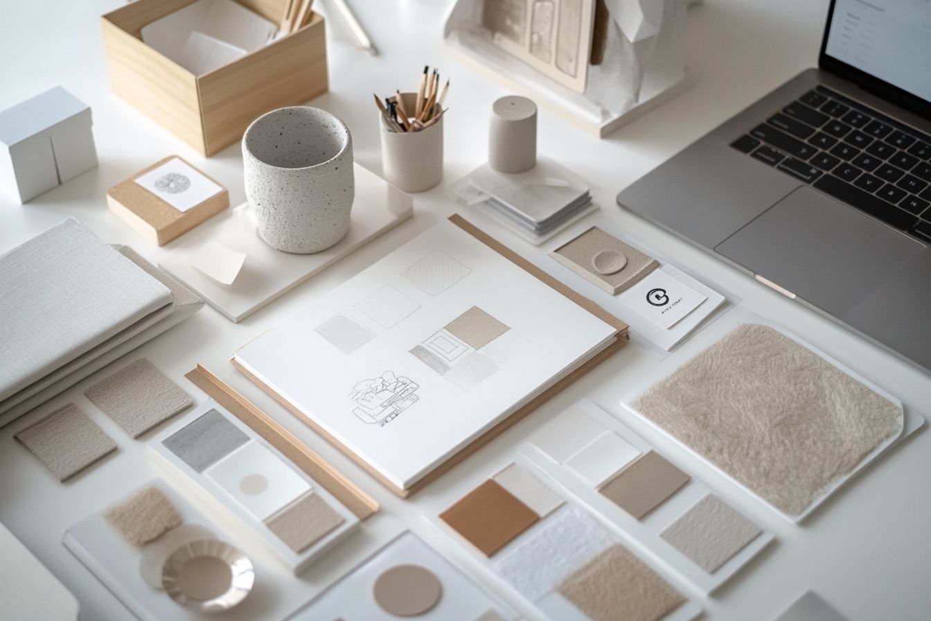Flatlay van branding-tools zoals een schetsboek met logo's, kleurstalen en laptop – hoe bouw je een sterke merkidentiteit